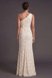 Apricot Sparkly Floral Mermaid One Shoulder Long Formal Dress with Slit