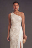 Apricot Sparkly Floral Mermaid One Shoulder Long Formal Dress with Slit
