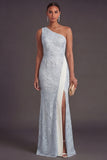 Apricot Sparkly Floral Mermaid One Shoulder Long Formal Dress with Slit