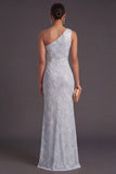 Apricot Sparkly Floral Mermaid One Shoulder Long Formal Dress with Slit