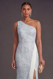Apricot Sparkly Floral Mermaid One Shoulder Long Formal Dress with Slit