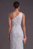Apricot Sparkly Floral Mermaid One Shoulder Long Formal Dress with Slit