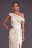 Apricot Sparkly Floral One Shoulder Mermaid Long Formal Dress with Slit