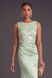 Light Green Sparkly Sequin Mermaid Boat Neck Long Formal Dress