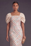 Light Blue Sparkly Sequin Sheath Square Neck Long Formal Dress with Slit