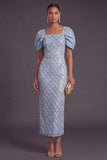 Light Blue Sparkly Sequin Sheath Square Neck Long Formal Dress with Slit