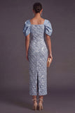 Light Blue Sparkly Sequin Sheath Square Neck Long Formal Dress with Slit