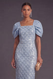 Light Blue Sparkly Sequin Sheath Square Neck Long Formal Dress with Slit