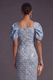 Light Blue Sparkly Sequin Sheath Square Neck Long Formal Dress with Slit