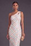 Sparkly Light Blue Sequin Sheath One Shoulder Long Formal Dress