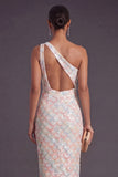 Sparkly Light Blue Sequin Sheath One Shoulder Long Formal Dress