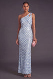 Sparkly Light Blue Sequin Sheath One Shoulder Long Formal Dress