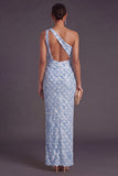 Sparkly Light Blue Sequin Sheath One Shoulder Long Formal Dress