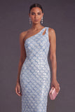 Sparkly Light Blue Sequin Sheath One Shoulder Long Formal Dress