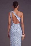 Sparkly Light Blue Sequin Sheath One Shoulder Long Formal Dress