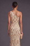 Red Sparkly Sequined Mermaid One Shoulder Long Formal Dress