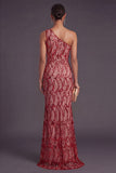 Red Sparkly Sequined Mermaid One Shoulder Long Formal Dress