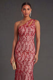 Red Sparkly Sequined Mermaid One Shoulder Long Formal Dress