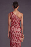 Red Sparkly Sequined Mermaid One Shoulder Long Formal Dress