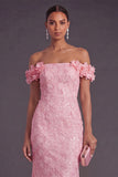Pink Sparkly Floral Mermaid Off the Shoulder Long Formal Dress