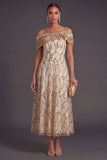 Sparkly Champagne Sequined A Line Off the Shoulder Long Formal Dress with 3D Flower