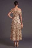 Sparkly Champagne Sequined A Line Off the Shoulder Long Formal Dress with 3D Flower