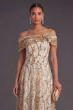 Sparkly Champagne Sequined A Line Off the Shoulder Long Formal Dress with 3D Flower