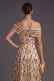 Sparkly Champagne Sequined A Line Off the Shoulder Long Formal Dress with 3D Flower