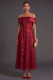 Red Sparkly Sequined A Line Off the Shoulder Long Formal Dress
