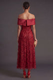 Red Sparkly Sequined A Line Off the Shoulder Long Formal Dress