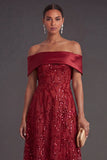 Red Sparkly Sequined A Line Off the Shoulder Long Formal Dress