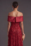 Red Sparkly Sequined A Line Off the Shoulder Long Formal Dress