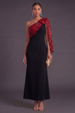 Black and Red Sparkly Sequined Mermaid One Shoulder Long Formal Dress