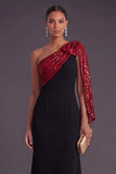 Black and Red Sparkly Sequined Mermaid One Shoulder Long Formal Dress