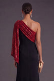 Black and Red Sparkly Sequined Mermaid One Shoulder Long Formal Dress