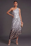 Silver Sparkly Sequined A Line One Shoulder Asymmetrical Formal Dress