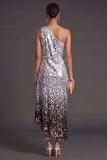 Silver Sparkly Sequined A Line One Shoulder Asymmetrical Formal Dress