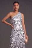 Silver Sparkly Sequined A Line One Shoulder Asymmetrical Formal Dress