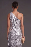 Silver Sparkly Sequined A Line One Shoulder Asymmetrical Formal Dress