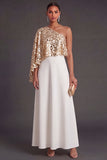Champagne Sparkly A Line Sequined One Shoulder Long Formal Dress