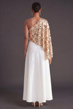 Champagne Sparkly A Line Sequined One Shoulder Long Formal Dress