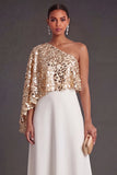 Champagne Sparkly A Line Sequined One Shoulder Long Formal Dress