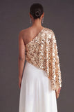 Champagne Sparkly A Line Sequined One Shoulder Long Formal Dress