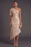 Champagne Sparkly Sheath One Shoulder Sequined Long Formal Dress