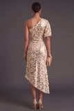 Champagne Sparkly Sheath One Shoulder Sequined Long Formal Dress