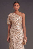 Champagne Sparkly Sheath One Shoulder Sequined Long Formal Dress