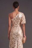 Champagne Sparkly Sheath One Shoulder Sequined Long Formal Dress
