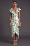 Green Sparkly Sequined Ruffled Sheath V-Neck Long Formal Dress