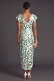 Green Sparkly Sequined Ruffled Sheath V-Neck Long Formal Dress
