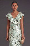 Green Sparkly Sequined Ruffled Sheath V-Neck Long Formal Dress